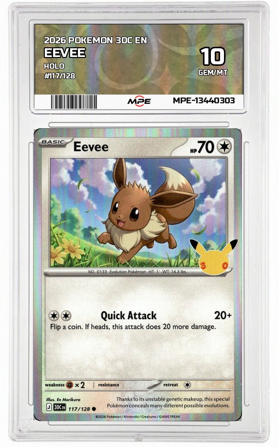 2026 POKEMON 30C EN HOLO #117/128 EEVEE MPE 10 GEM/MT — graded card auctioned from the MPE vault