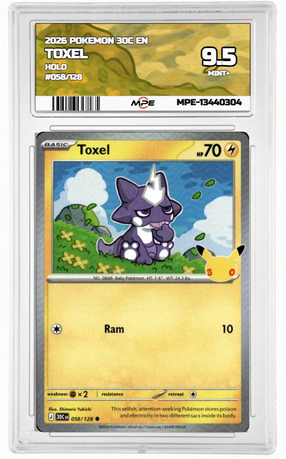 2026 POKEMON 30C EN HOLO #058/128 TOXEL MPE 9.5 MINT+ — graded card auctioned from the MPE vault