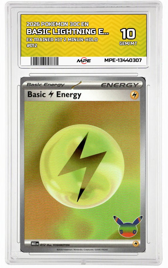 2026 POKEMON 30C EN EX TRAINER KIT 2 MINUN-HOLO #012 BASIC LIGHTNING ENERGY MPE 10 GEM/MT — graded card auctioned from the MPE vault