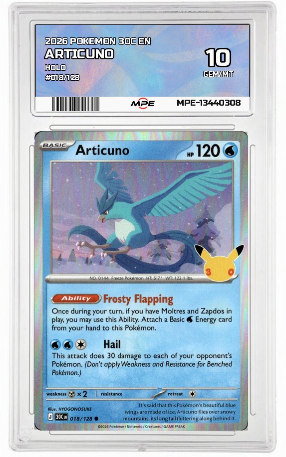 2026 POKEMON 30C EN HOLO #018/128 ARTICUNO MPE 10 GEM/MT — graded card auctioned from the MPE vault