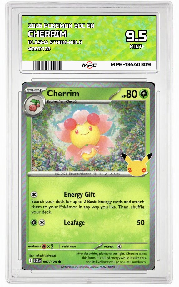 2026 POKEMON 30C EN PLASMA STORM-HOLO #007/128 CHERRIM MPE 9.5 MINT+ — graded card auctioned from the MPE vault