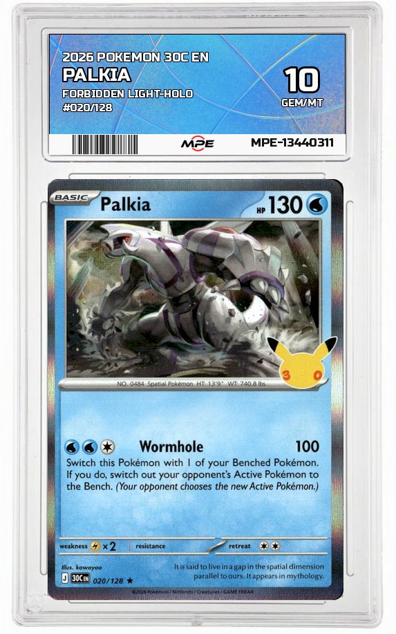 2026 POKEMON 30C EN FORBIDDEN LIGHT-HOLO #020/128 PALKIA MPE 10 GEM/MT — graded card auctioned from the MPE vault