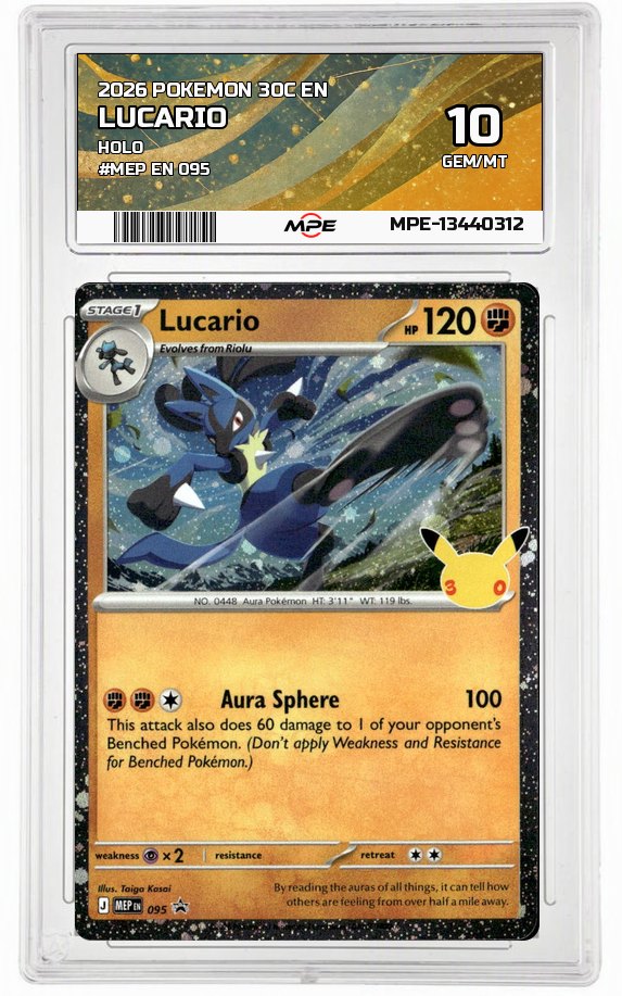 2026 POKEMON 30C EN HOLO #MEP EN 095 LUCARIO MPE 10 GEM/MT — graded card auctioned from the MPE vault