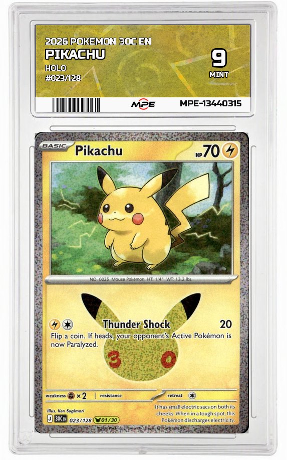 2026 POKEMON 30C EN HOLO #023/128 PIKACHU MPE 9 MINT — graded card auctioned from the MPE vault