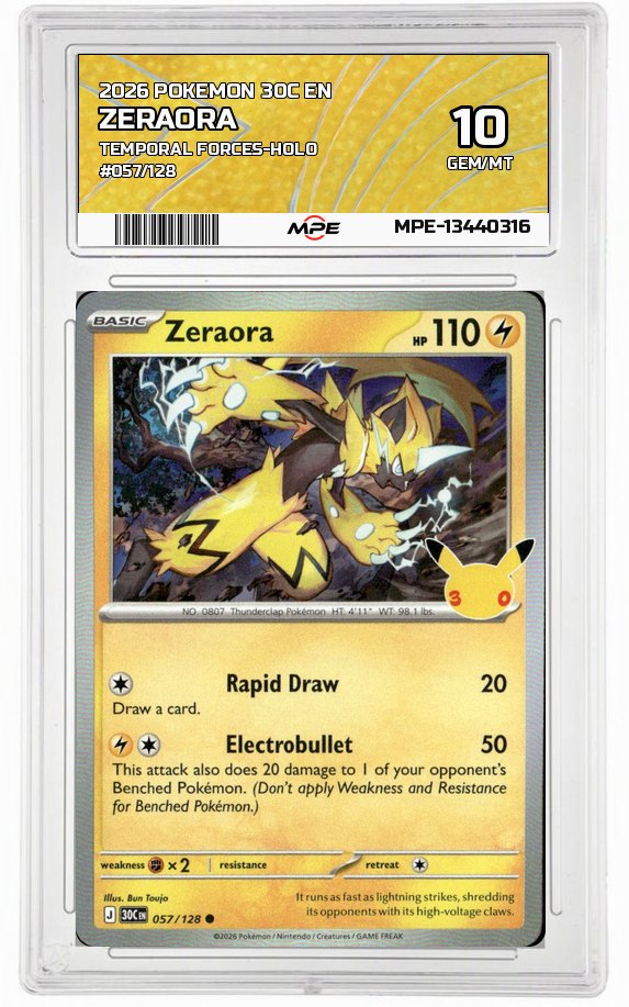 2026 POKEMON 30C EN TEMPORAL FORCES-HOLO #057/128 ZERAORA MPE 10 GEM/MT — graded card auctioned from the MPE vault