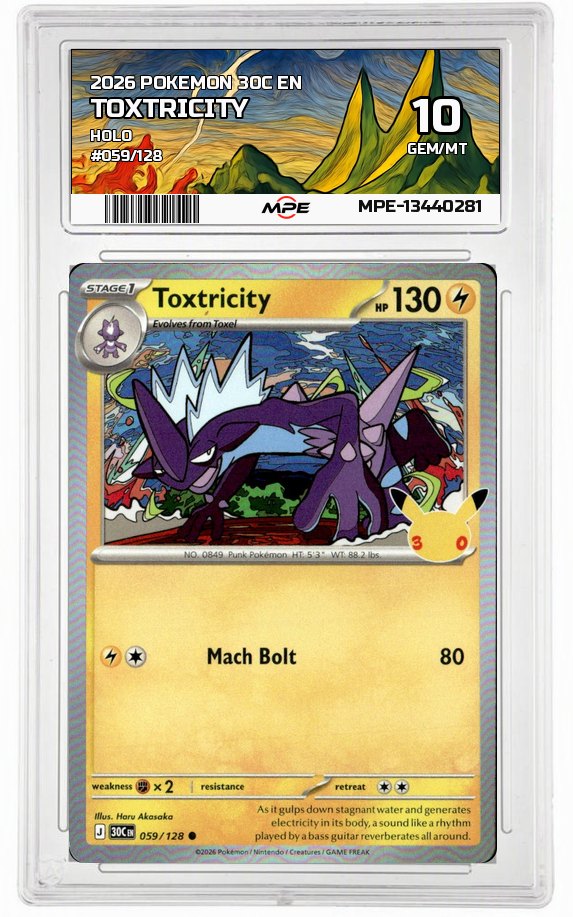 2026 POKEMON 30C EN HOLO #059/128 TOXTRICITY MPE 10 GEM/MT — graded card auctioned from the MPE vault
