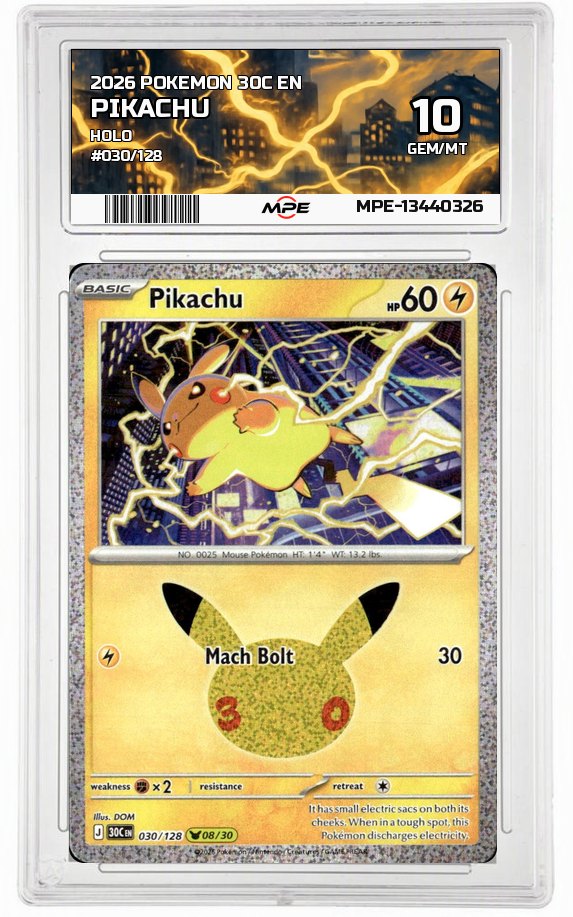 2026 POKEMON 30C EN HOLO #030/128 PIKACHU MPE 10 GEM/MT — graded card auctioned from the MPE vault
