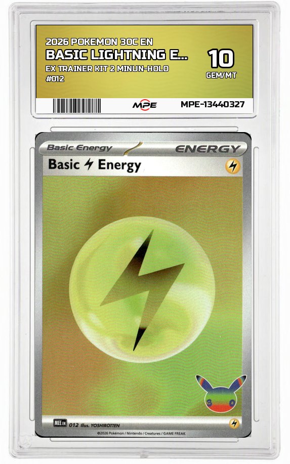 2026 POKEMON 30C EN EX TRAINER KIT 2 MINUN-HOLO #012 BASIC LIGHTNING ENERGY MPE 10 GEM/MT — graded card auctioned from the MPE vault