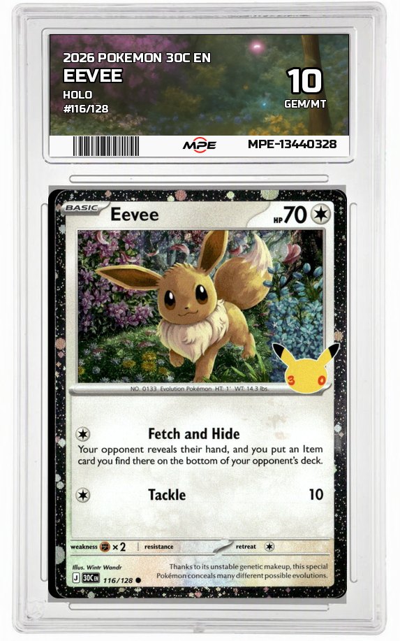 2026 POKEMON 30C EN HOLO #116/128 EEVEE MPE 10 GEM/MT — graded card auctioned from the MPE vault
