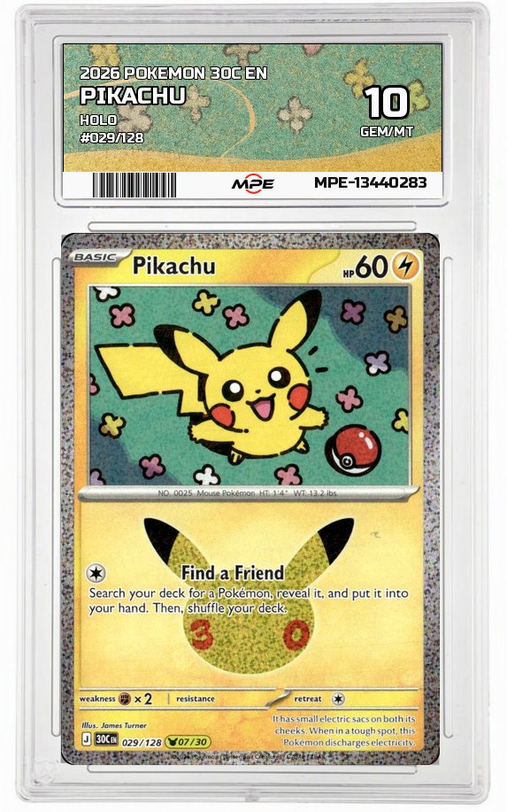 2026 POKEMON 30C EN HOLO #029/128 PIKACHU MPE 10 GEM/MT — graded card auctioned from the MPE vault