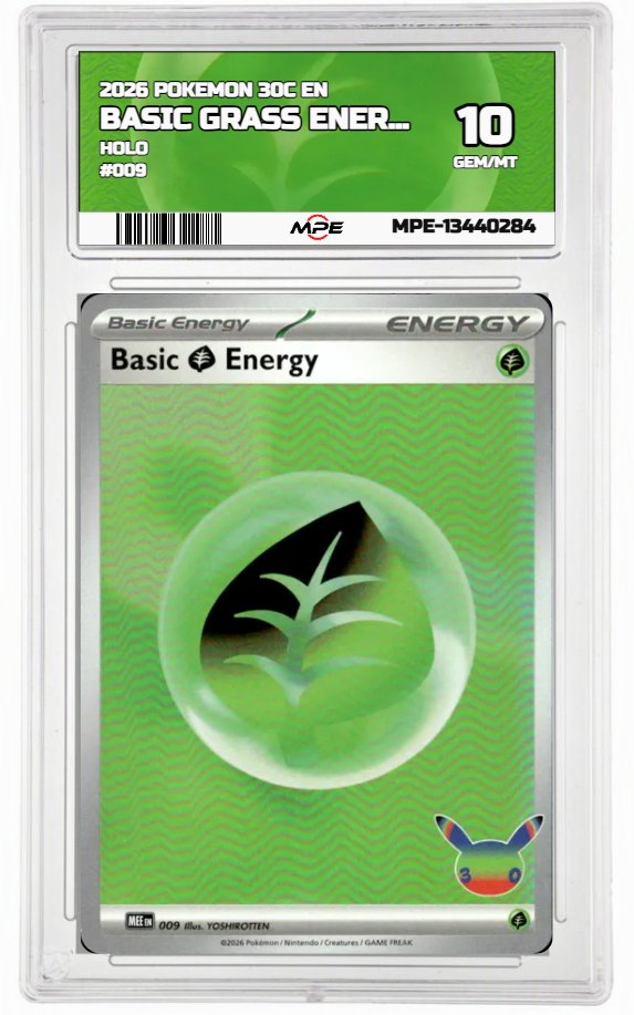 2026 POKEMON 30C EN HOLO #009 BASIC GRASS ENERGY MPE 10 GEM/MT — graded card auctioned from the MPE vault