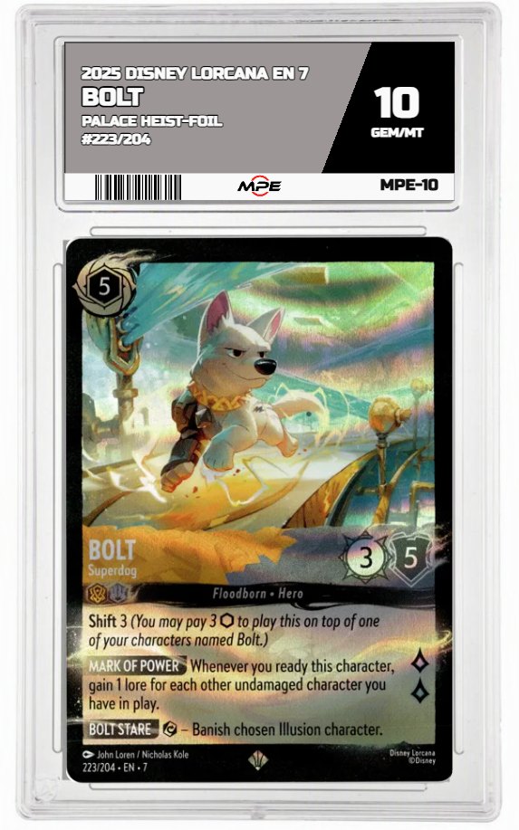 2025 DISNEY LORCANA EN 7 PALACE HEIST-FOIL #223/204 BOLT MPE 10 GEM/MT — graded card auctioned from the MPE vault