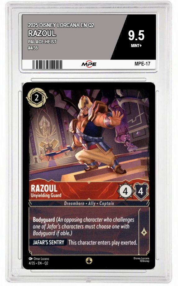 2025 DISNEY LORCANA EN Q2 PALACE HEIST #4/35 RAZOUL MPE 9.5 MINT+ — graded card auctioned from the MPE vault