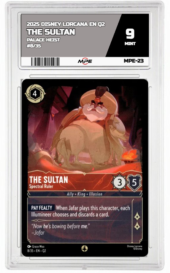 2025 DISNEY LORCANA EN Q2 PALACE HEIST #8/35 THE SULTAN MPE 9 MINT — graded card auctioned from the MPE vault