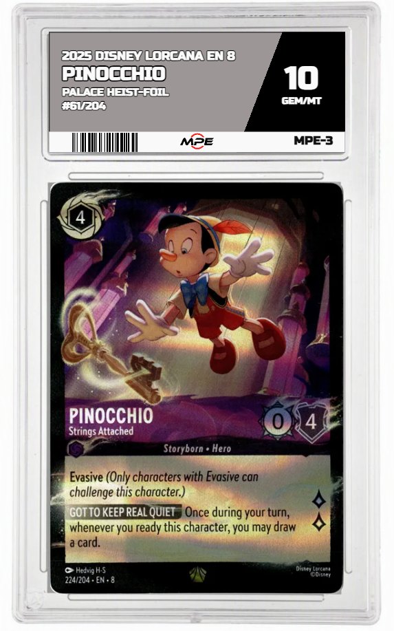 2025 DISNEY LORCANA EN 8 PALACE HEIST-FOIL #61/204 PINOCCHIO MPE 10 GEM/MT — graded card auctioned from the MPE vault