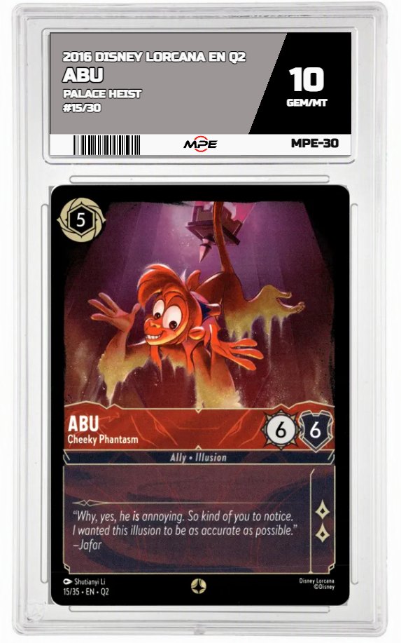 2025 DISNEY LORCANA EN Q2 PALACE HEIST #15/30 ABU MPE 10 GEM/MT — graded card auctioned from the MPE vault