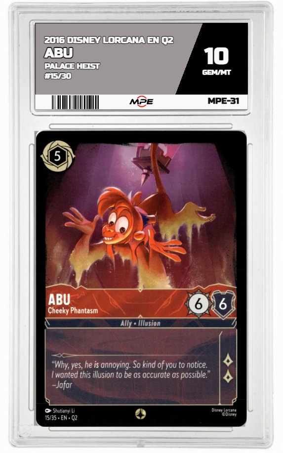 2025 DISNEY LORCANA EN Q2 PALACE HEIST #15/30 ABU MPE 10 GEM/MT — graded card auctioned from the MPE vault