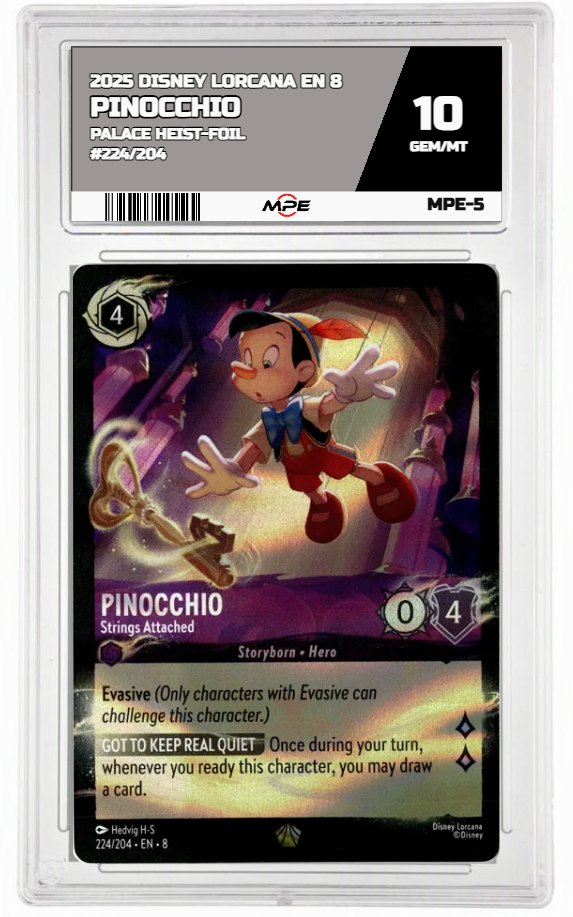 2025 DISNEY LORCANA EN 8 PALACE HEIST-FOIL #224/204 PINOCCHIO MPE 10 GEM/MT — graded card auctioned from the MPE vault