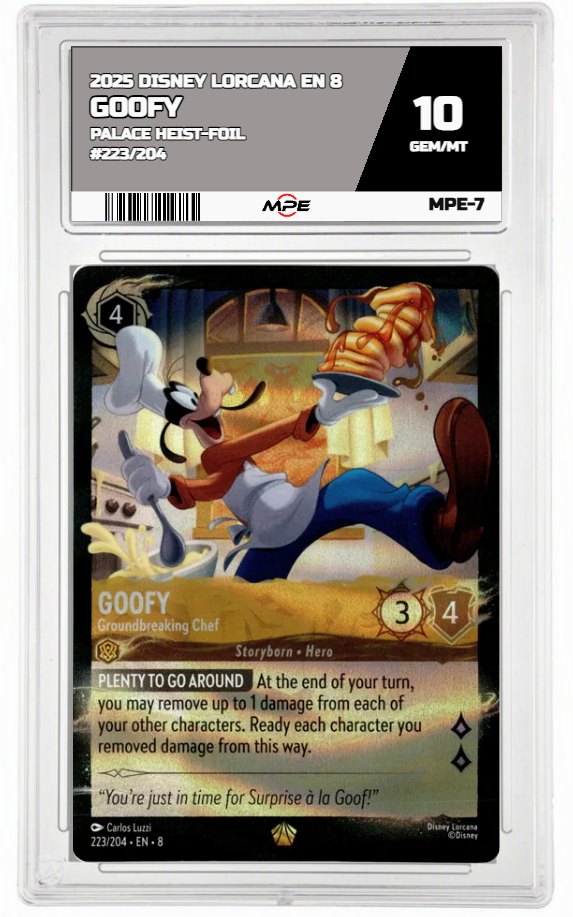 2025 DISNEY LORCANA EN 8 PALACE HEIST-FOIL #223/204 GOOFY MPE 10 GEM/MT — graded card auctioned from the MPE vault