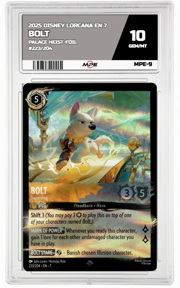 2025 DISNEY LORCANA EN 7 PALACE HEIST-FOIL #223/204 BOLT MPE 10 GEM/MT — graded card auctioned from the MPE vault
