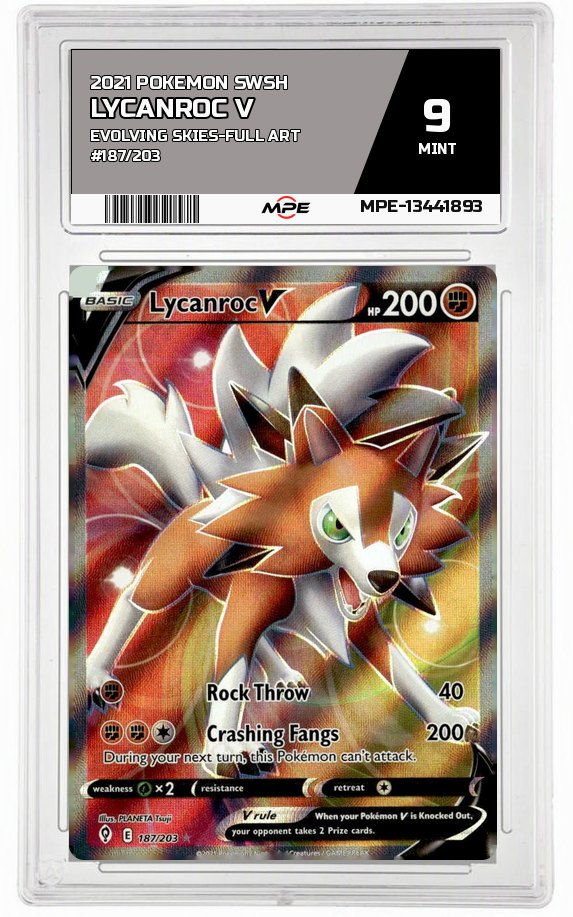 2021 POKEMON SWSH EVOLVING SKIES-Full Art #187/203 Lycanroc V MPE 9 MINT — graded card auctioned from the MPE vault