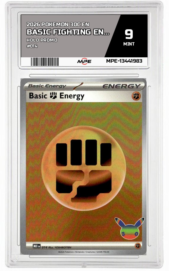 2026 POKEMON 30C EN HOLO PROMO #014 BASIC FIGHTING ENERGY MPE 9 MINT — graded card auctioned from the MPE vault