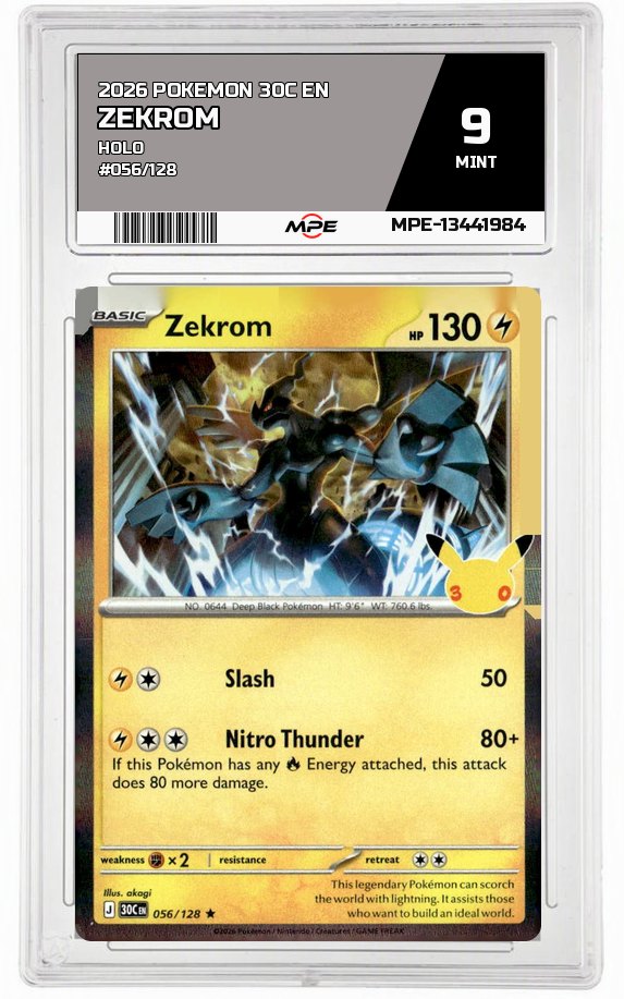 2026 POKEMON 30C EN HOLO #056/128 ZEKROM MPE 9 MINT — graded card auctioned from the MPE vault