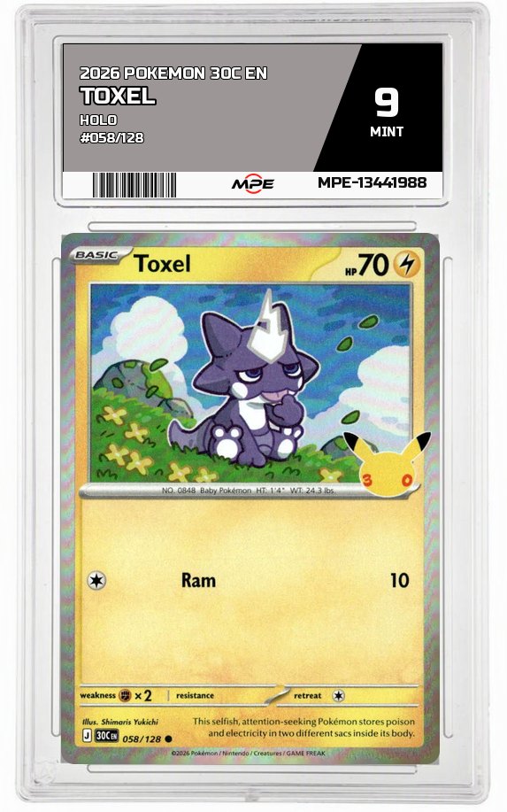 2026 POKEMON 30C EN HOLO #058/128 TOXEL MPE 9 MINT — graded card auctioned from the MPE vault
