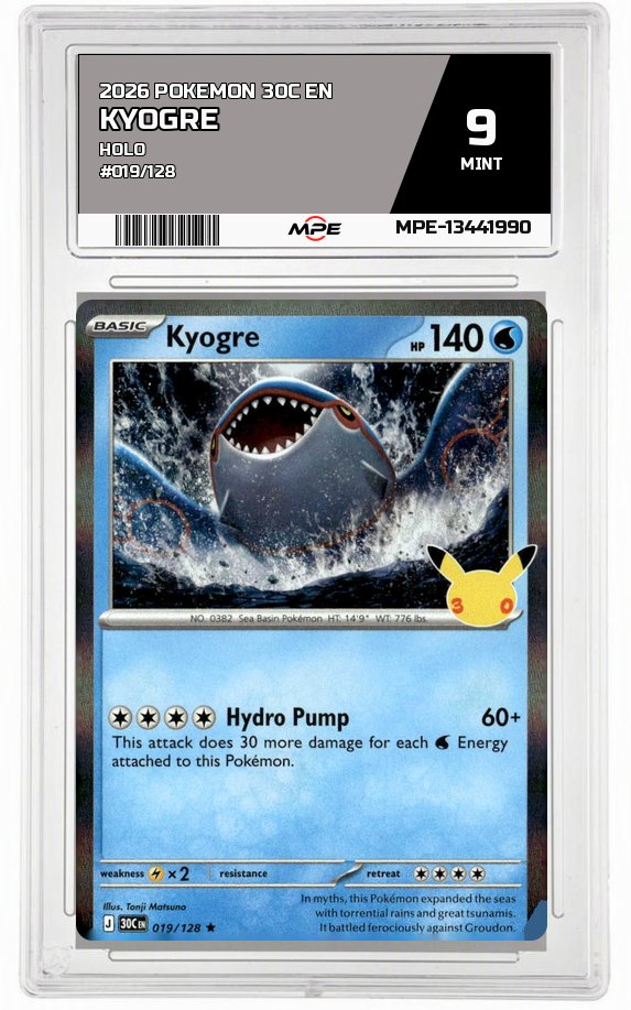 2026 POKEMON 30C EN HOLO #019/128 KYOGRE MPE 9 MINT — graded card auctioned from the MPE vault