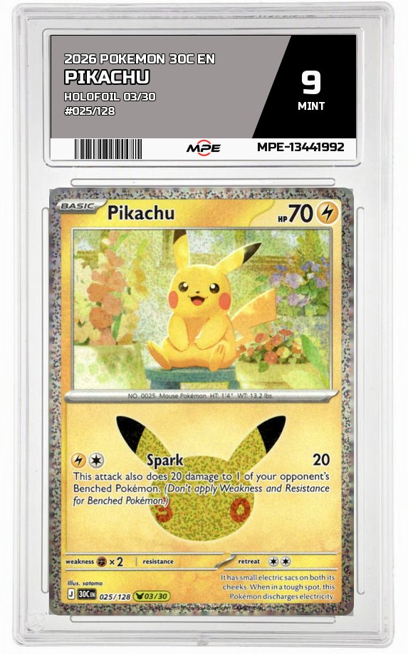 2026 POKEMON 30C EN HOLOFOIL 03/30 #025/128 PIKACHU MPE 9 MINT — graded card auctioned from the MPE vault
