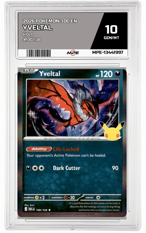 2026 POKEMON 30C EN HOLO #100/128 YVELTAL MPE 10 GEM/MT — graded card auctioned from the MPE vault