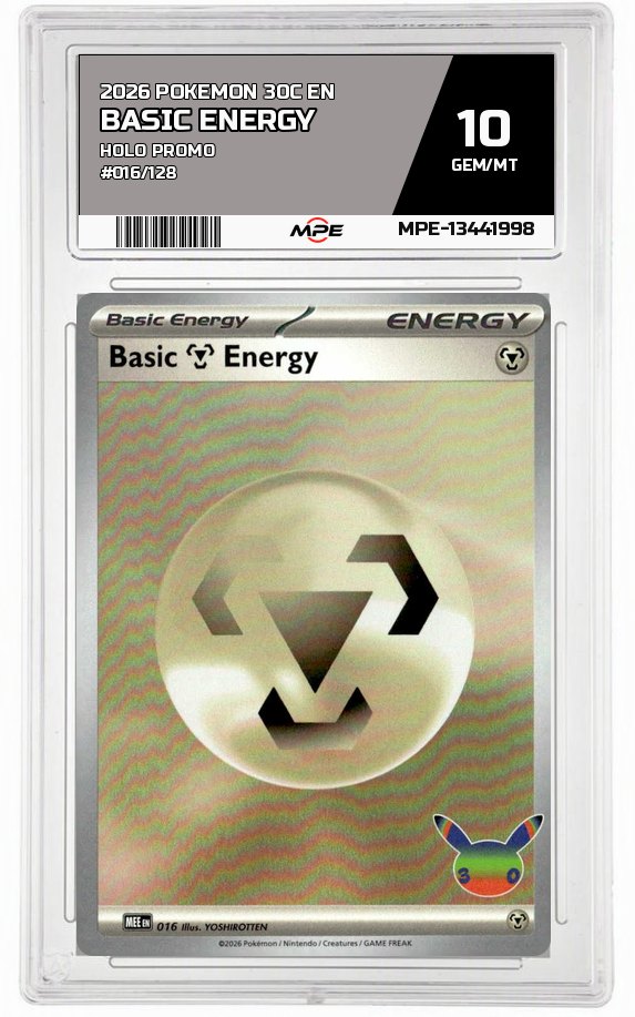 2026 POKEMON 30C EN HOLO PROMO #016/128 BASIC ENERGY MPE 10 GEM/MT — graded card auctioned from the MPE vault