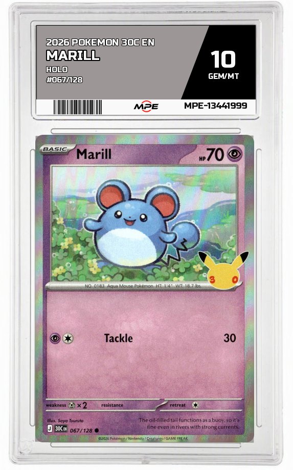 2026 POKEMON 30C EN HOLO #067/128 MARILL MPE 10 GEM/MT — graded card auctioned from the MPE vault