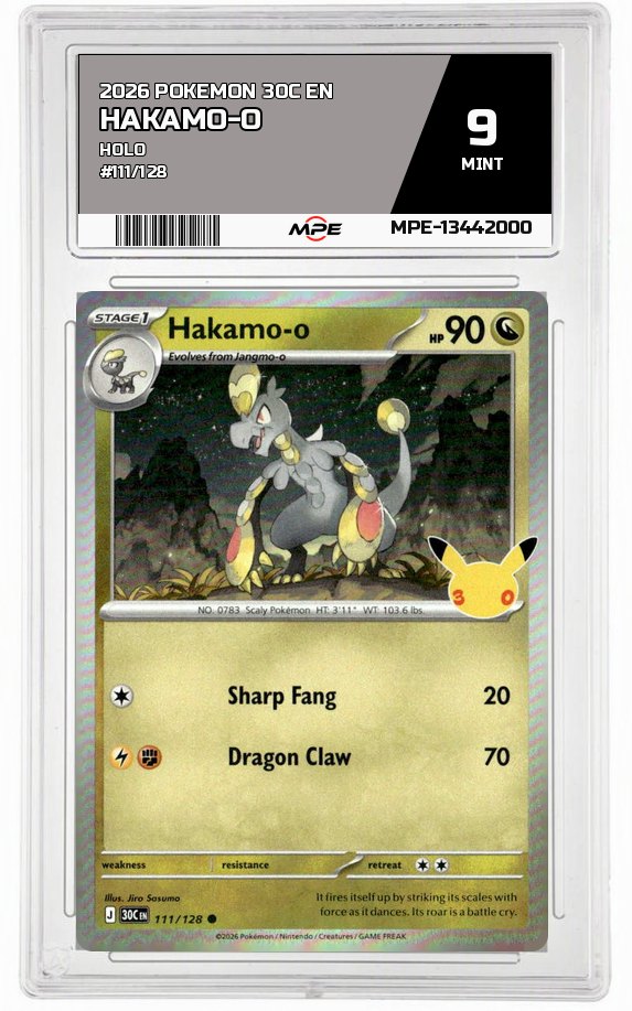 2026 POKEMON 30C EN HOLO #111/128 HAKAMO-O MPE 9 MINT — graded card auctioned from the MPE vault
