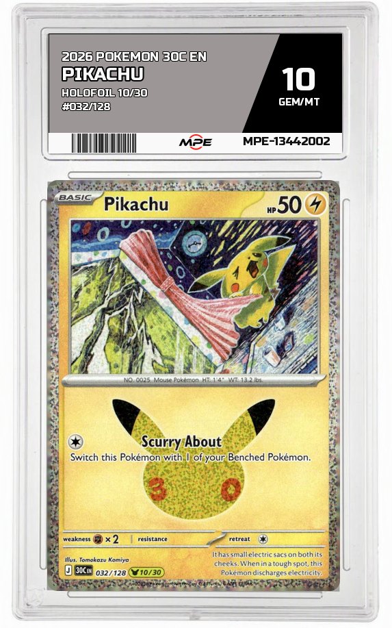 2026 POKEMON 30C EN HOLOFOIL 10/30 #032/128 PIKACHU MPE 10 GEM/MT — graded card up for auction