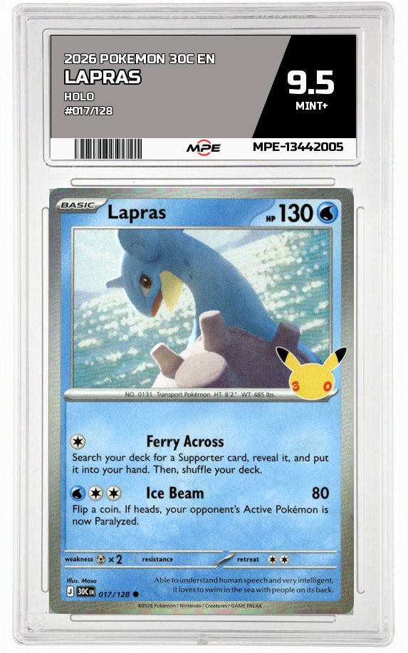 2026 POKEMON 30C EN HOLO #017/128 LAPRAS MPE 9.5 MINT+ — graded card auctioned from the MPE vault