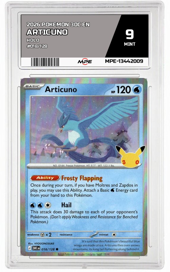 2026 POKEMON 30C EN HOLO #018/128 ARTICUNO MPE 9 MINT — graded card auctioned from the MPE vault