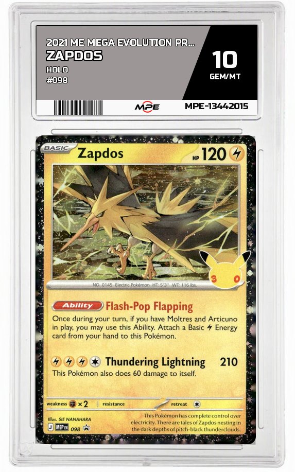 2021 ME MEGA EVOLUTION PROMO HOLO #098 ZAPDOS MPE 10 GEM/MT — graded card auctioned from the MPE vault