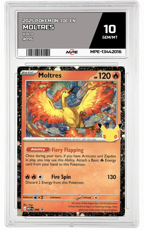 2025 POKEMON 30C EN HOLO #096 MOLTRES MPE 10 GEM/MT — graded card auctioned from the MPE vault