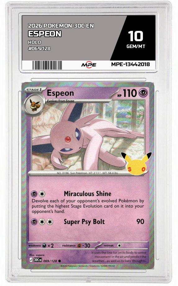 2026 POKEMON 30C EN HOLO #069/128 ESPEON MPE 10 GEM/MT — graded card auctioned from the MPE vault
