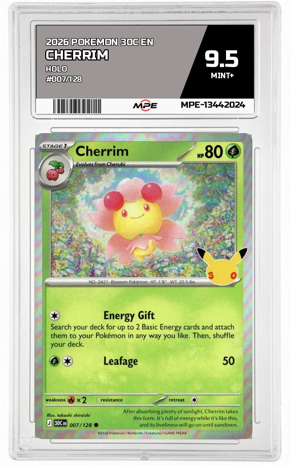 2026 POKEMON 30C EN HOLO #007/128 CHERRIM MPE 9.5 MINT+ — graded card auctioned from the MPE vault