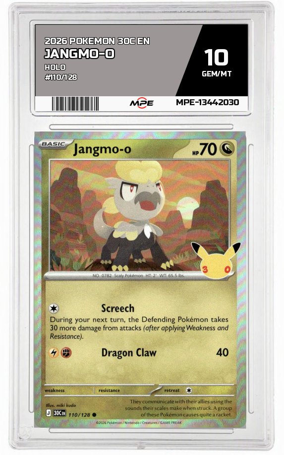 2026 POKEMON 30C EN HOLO #110/128 JANGMO-O MPE 10 GEM/MT — graded card auctioned from the MPE vault