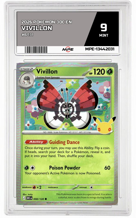 2026 POKEMON 30C EN #8/131 Vivillon MPE 9 MINT — graded card up for auction
