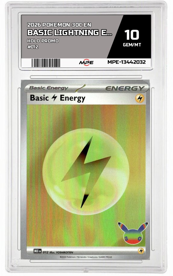 2026 POKEMON 30C EN HOLO PROMO #012 BASIC LIGHTNING ENERGY MPE 10 GEM/MT — graded card auctioned from the MPE vault