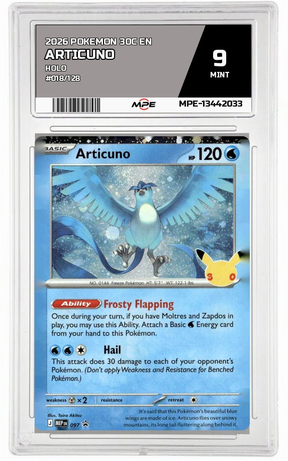 2026 POKEMON 30C EN HOLO #018/128 ARTICUNO MPE 9 MINT — graded card auctioned from the MPE vault