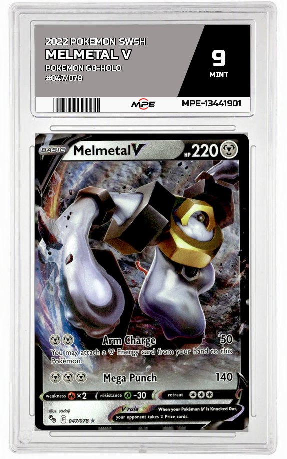2022 POKEMON SWSH POKEMON GO-HOLO #047/078 Melmetal V MPE 9 MINT — graded card auctioned from the MPE vault