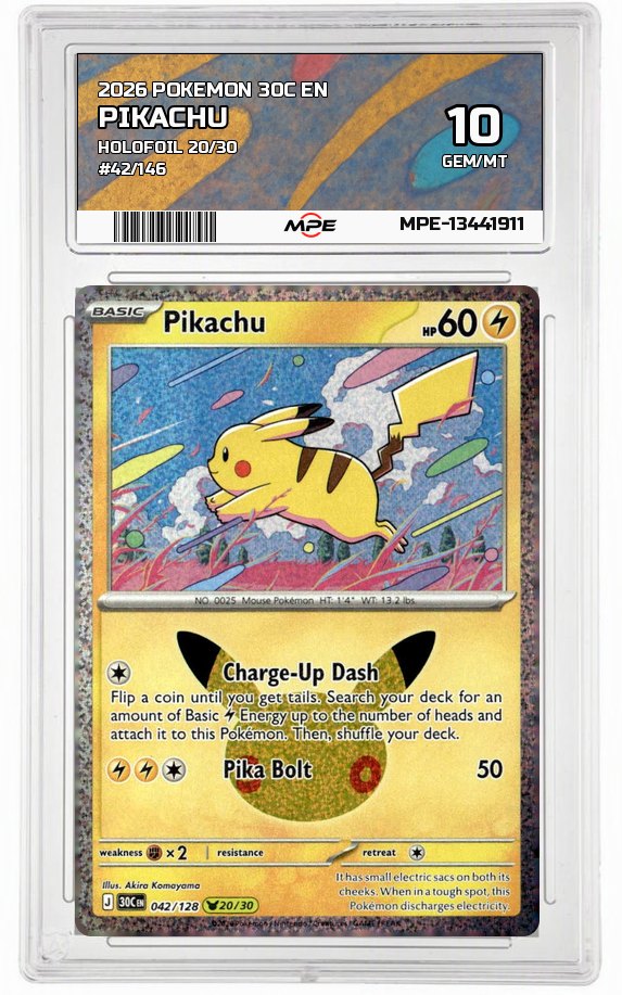 2026 POKEMON 30C EN HOLOFOIL 20/30 #42/146 Pikachu MPE 10 GEM/MT — graded card up for auction