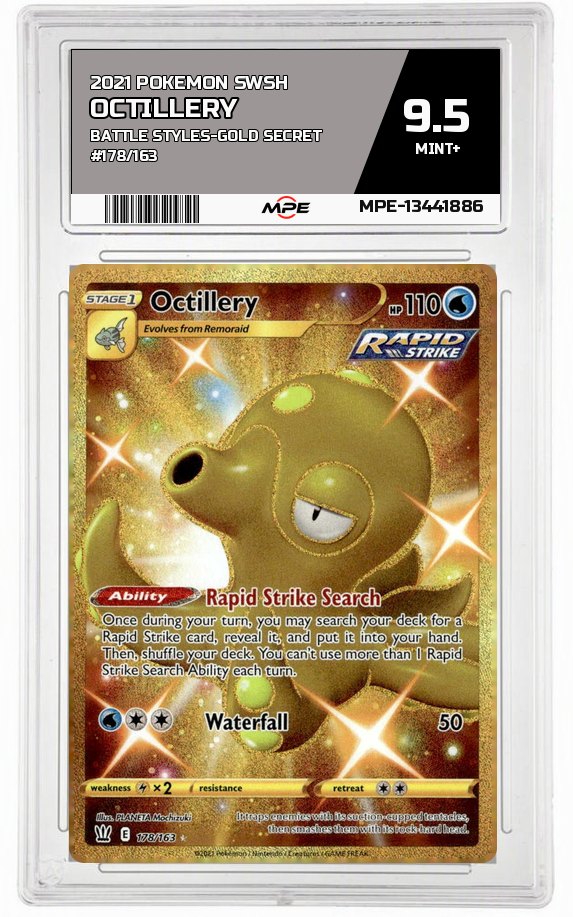 2021 POKEMON SWSH BATTLE STYLES-Gold Secret #178/163 Octillery MPE 9.5 MINT+ — graded card auctioned from the MPE vault