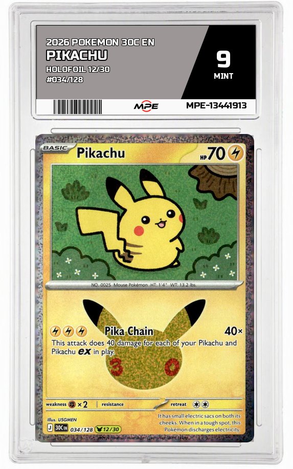 2026 POKEMON 30C EN HOLOFOIL 12/30 #034/128 PIKACHU MPE 9 MINT — graded card auctioned from the MPE vault