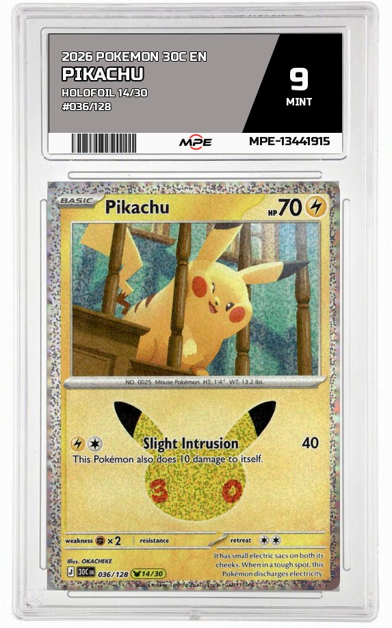 2026 POKEMON 30C EN HOLOFOIL 14/30 #036/128 PIKACHU MPE 9 MINT — graded card auctioned from the MPE vault